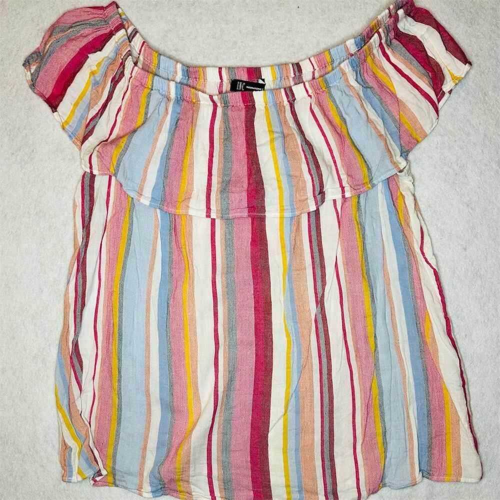 INC‎ International Women's Ruffled Off-The-Shoulder Striped Blouse Multicolor L